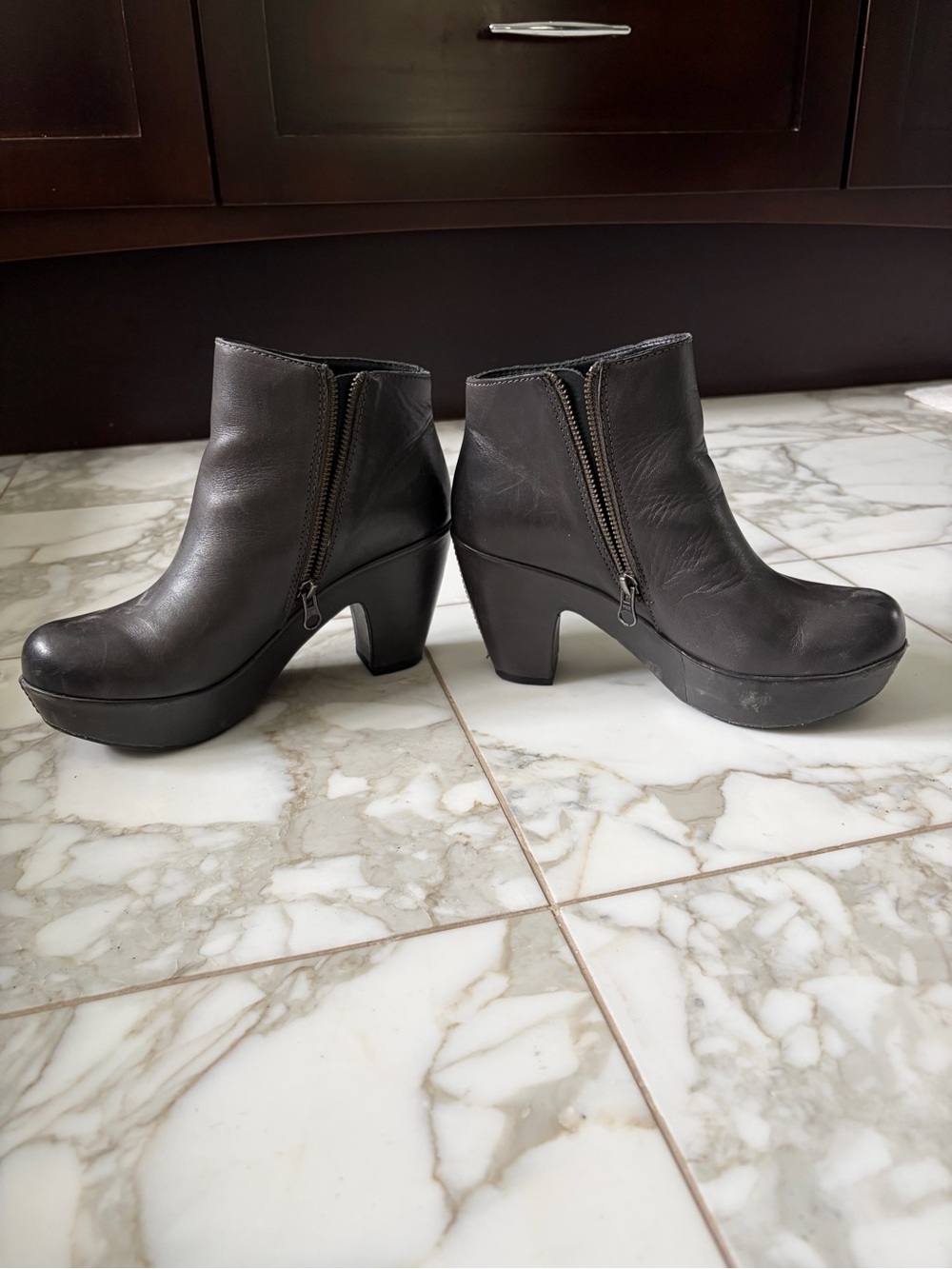 Kork-Ease Black Leather Platform Ankle Booties with Side Zips